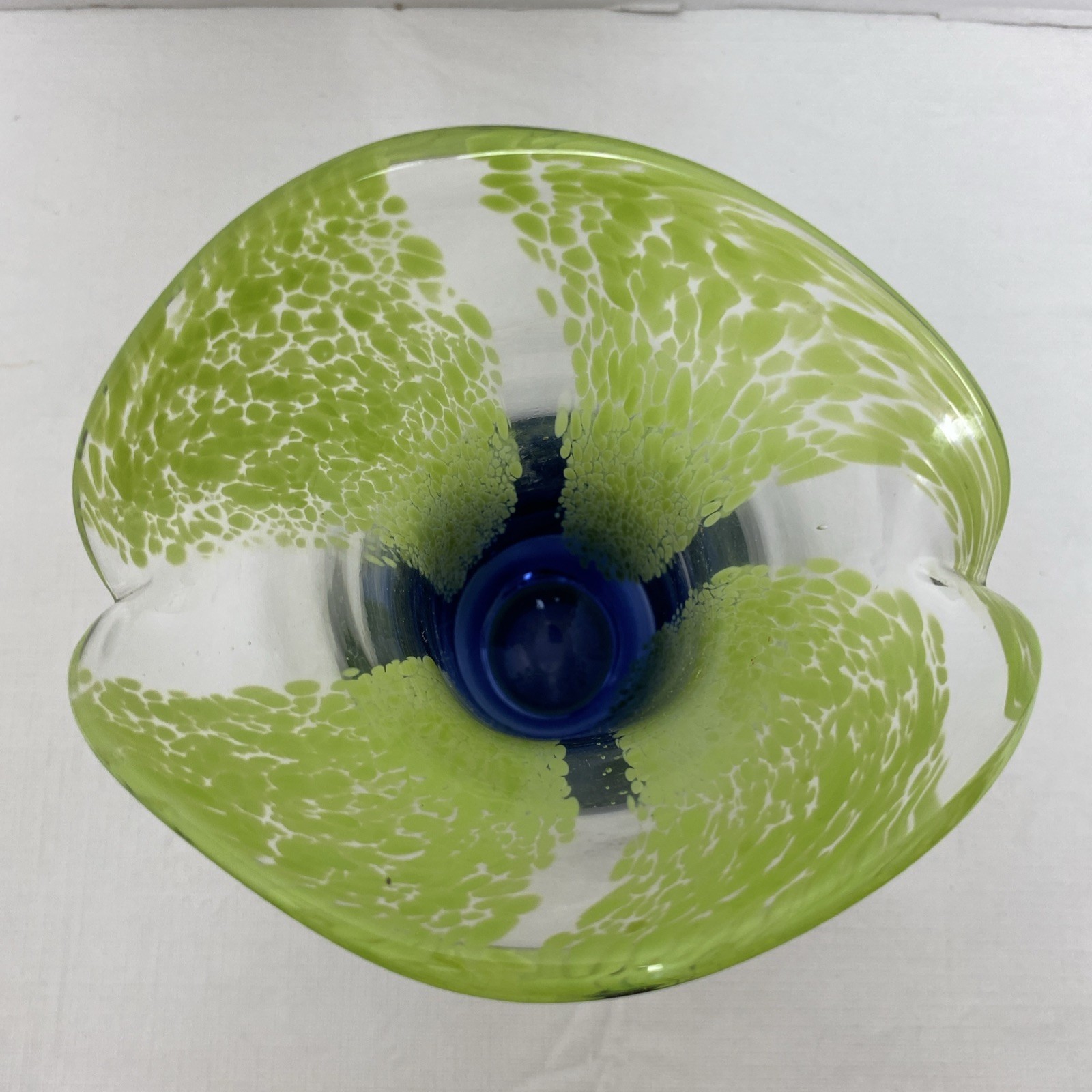 Handcrafted Art Glass Floral Vase Heavy With Blue & Green Swirl Design 7 3/4”