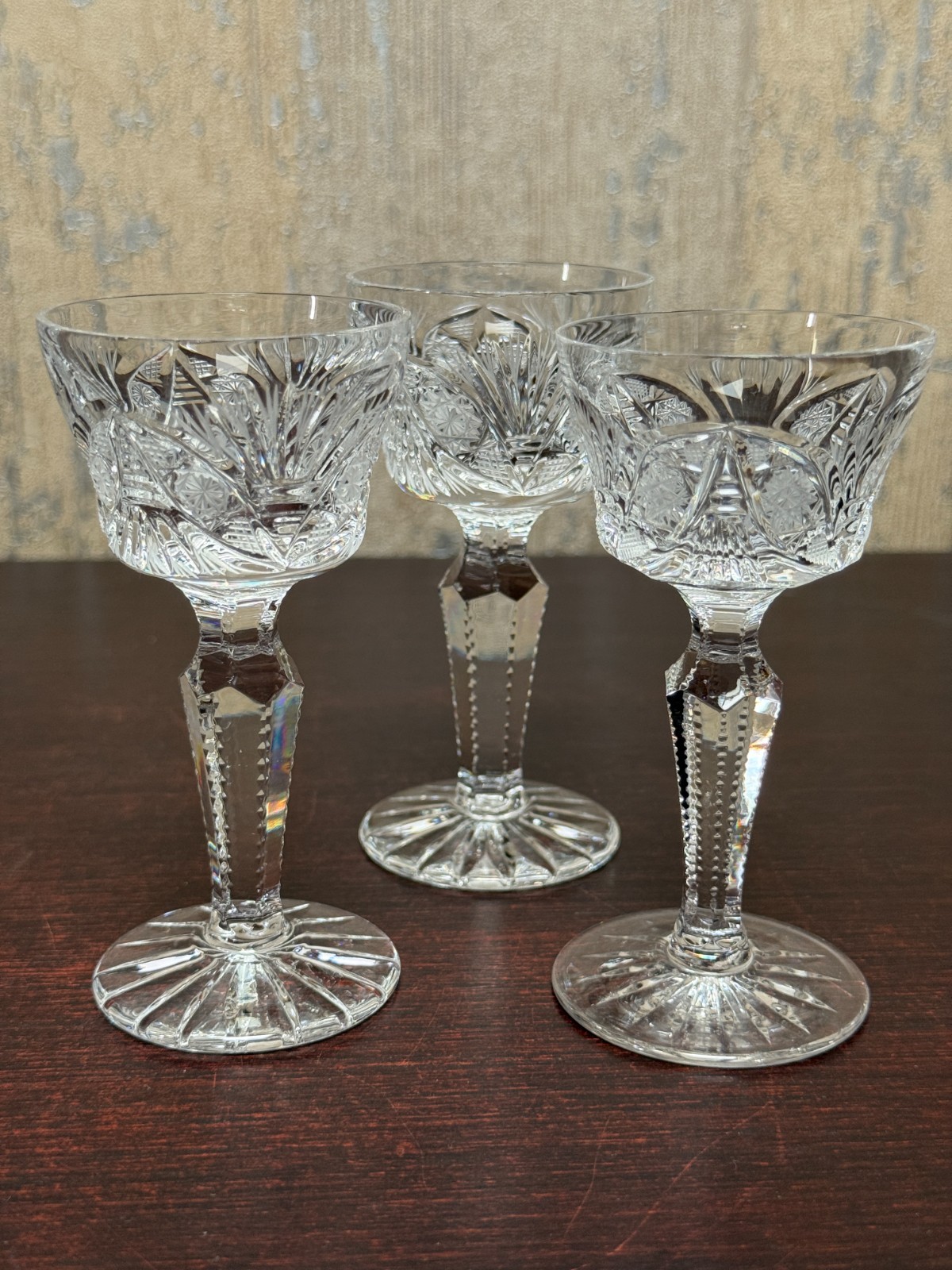 Set of 6 Bohemia Crystal Cordial Port Wine Glasses Faceted Stem Hand Cut Clear