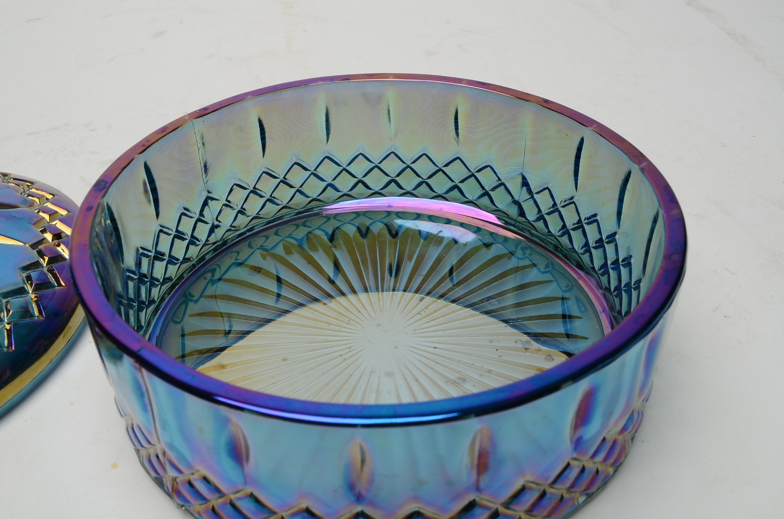 Vintage Indiana Glass Princess Blue Carnival Glass Candy Dish Lid Chips READ