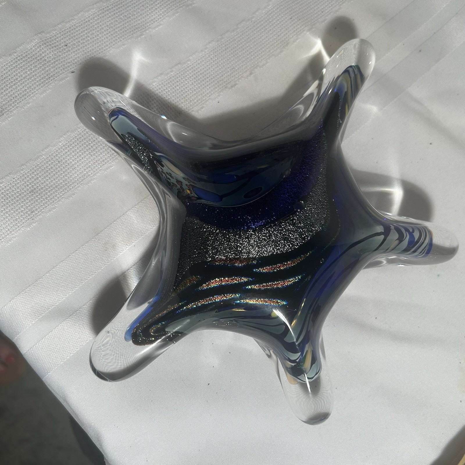 Blue Clear Star-Shaped Hand Blown Art Glass Paperweight Decorative Glossy