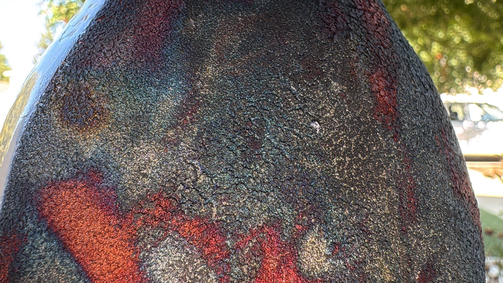 Vtg Scott Wilson 2004 Vibrant Peacock Colors RAKU 13.5” Vase Signed by Artist