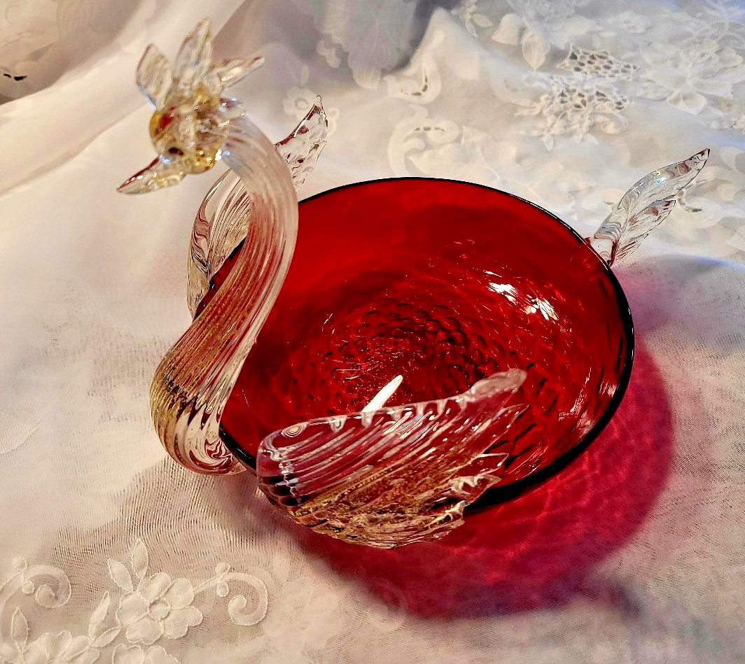 SALE Vtg Gorgeous MCM Murano Hand Blown Glass Swan Red, Clear and Gold. Italy