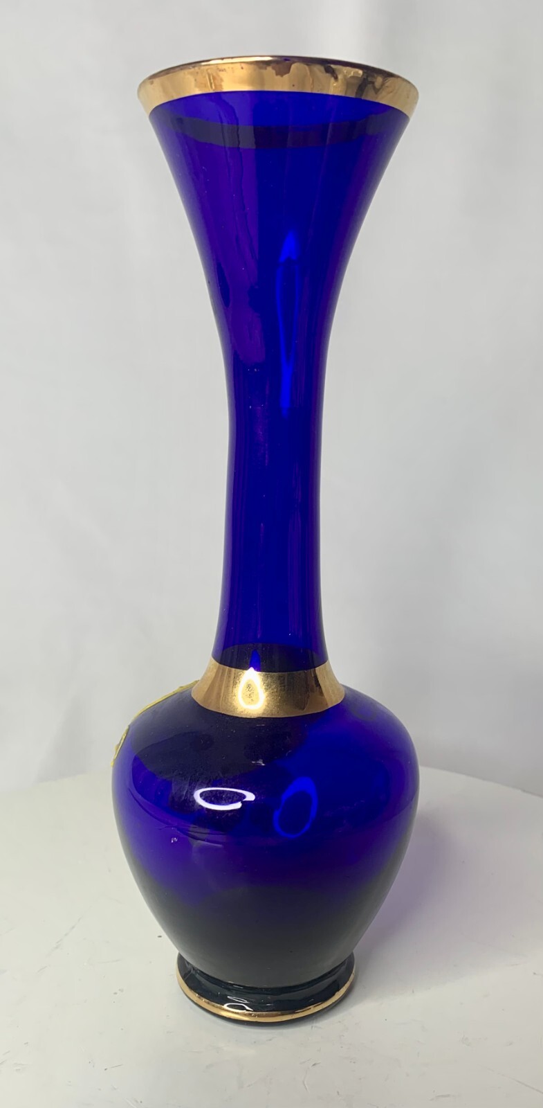 VTG BOHEMIAN MOSER STYLE GLASS Enamel HandPainted Blue Gold Floral BudVase Japan