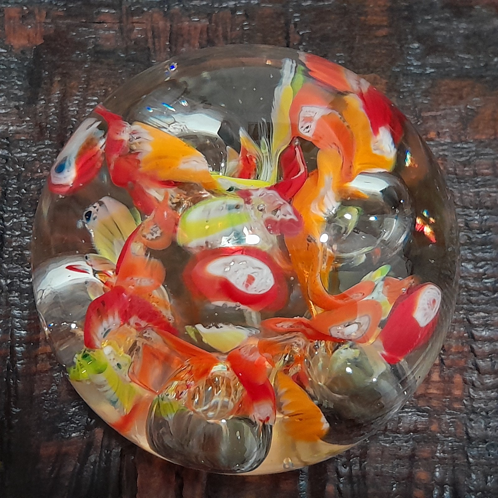 Art Glass Paperweight Round Floral Orange Yellow Red Bubbles 13oz Japan