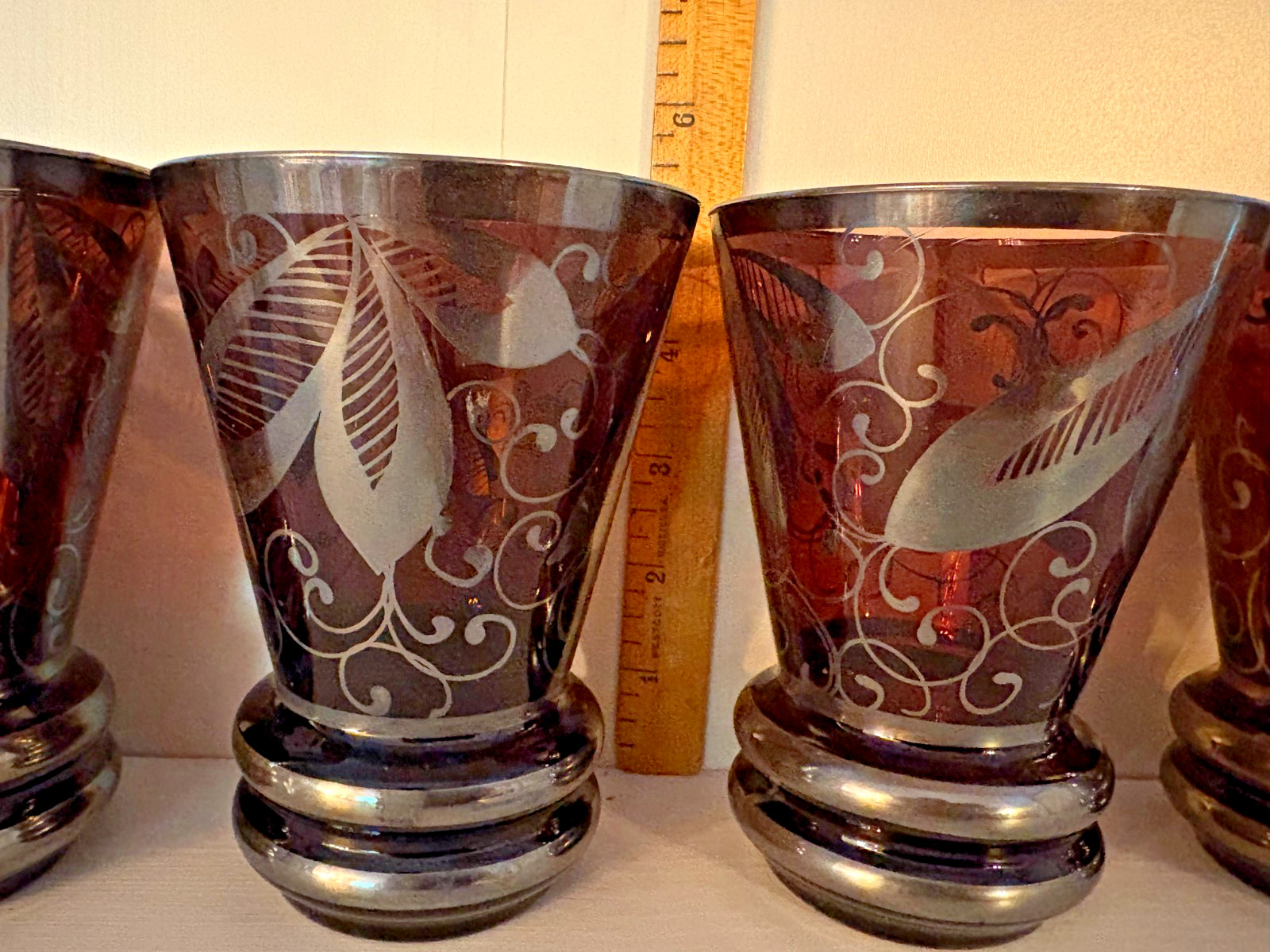 Set of 5 Vintage Amethyst Glass Italian Murano Hand Blown w/ Ornate Silver Leaf