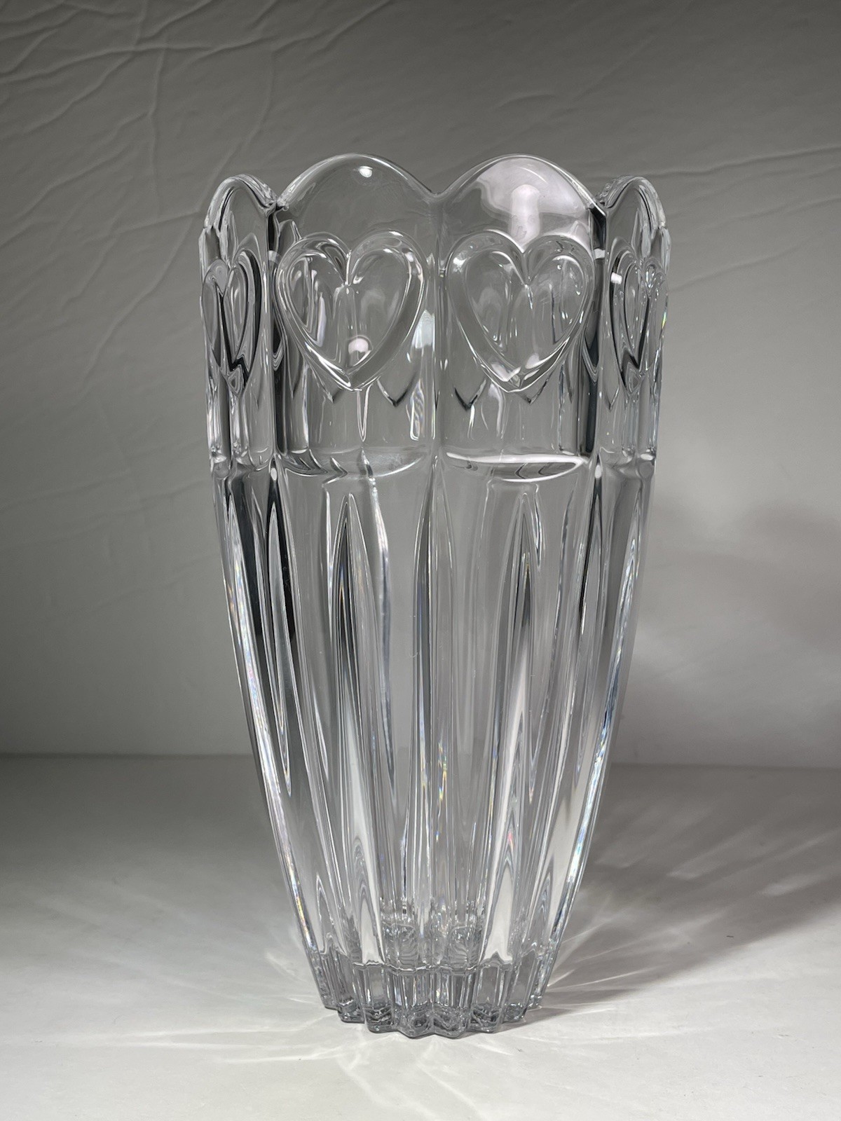 Vintage Heavy Ribbed Cut Crystal Vase Clear 7-3/8” Hearts Pattern Scalloped Rim