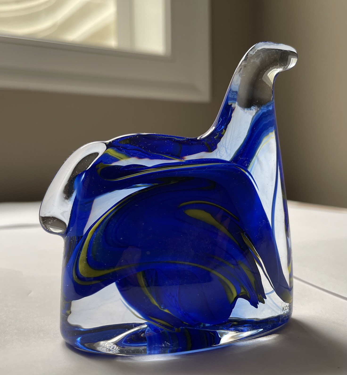 Kosta Boda Swedish Horse Art Glass Figure w/ Cobalt Blue & Yellow Swirls Sweden