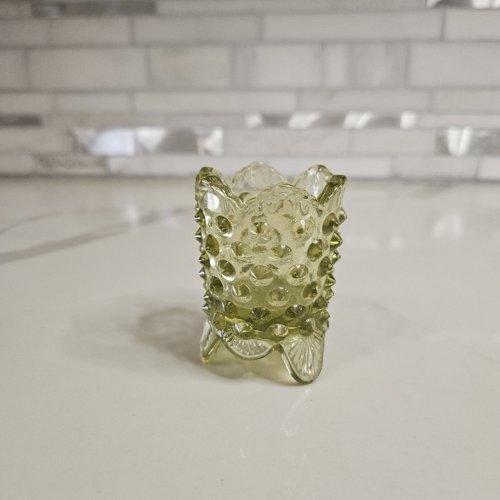 Vintage Fenton Colonial Green Hobnail Side Spikes 3 Footed Toothpick Holder Nice