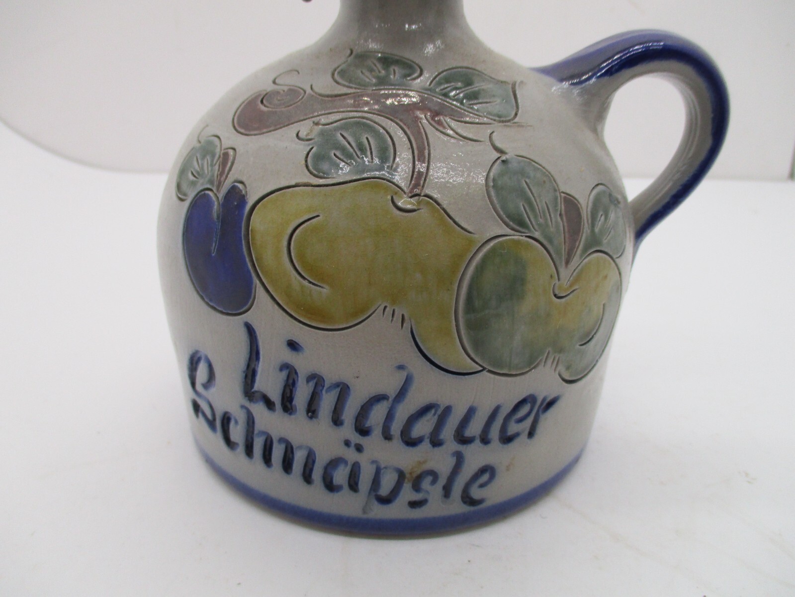 Vintage SCHNAPS Stoneware Jug FRUIT Signed Handarbeit EMPTY