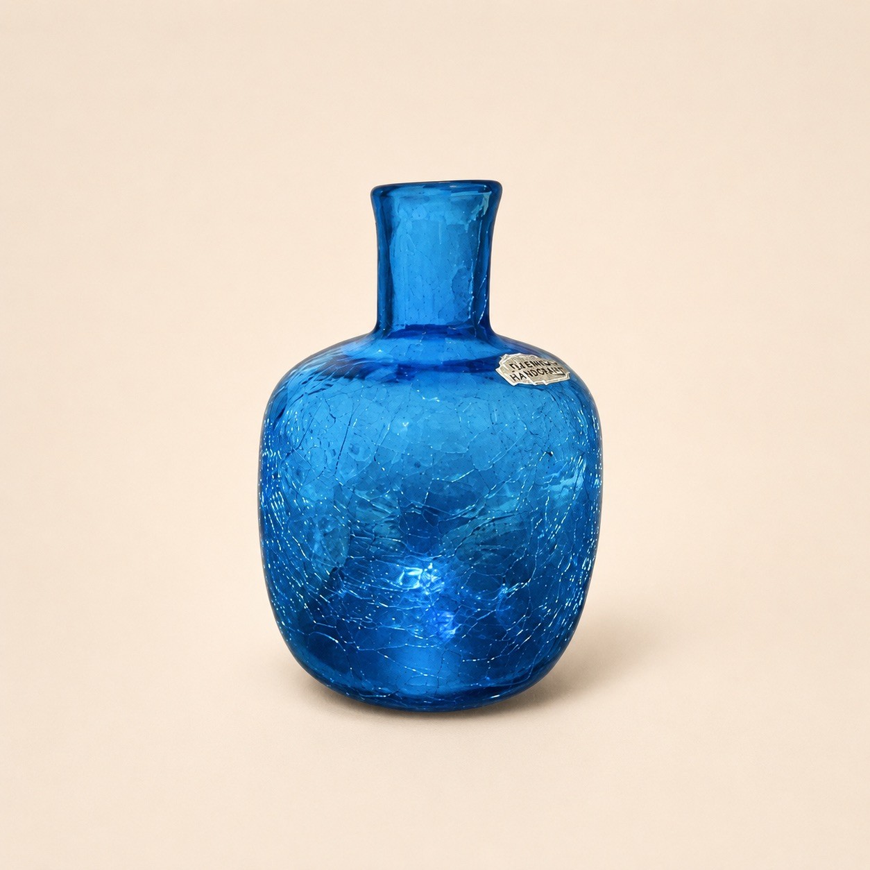 Vintage Blenko Cobalt Blue Crackle Glass Vase Handcrafted Original Sticker