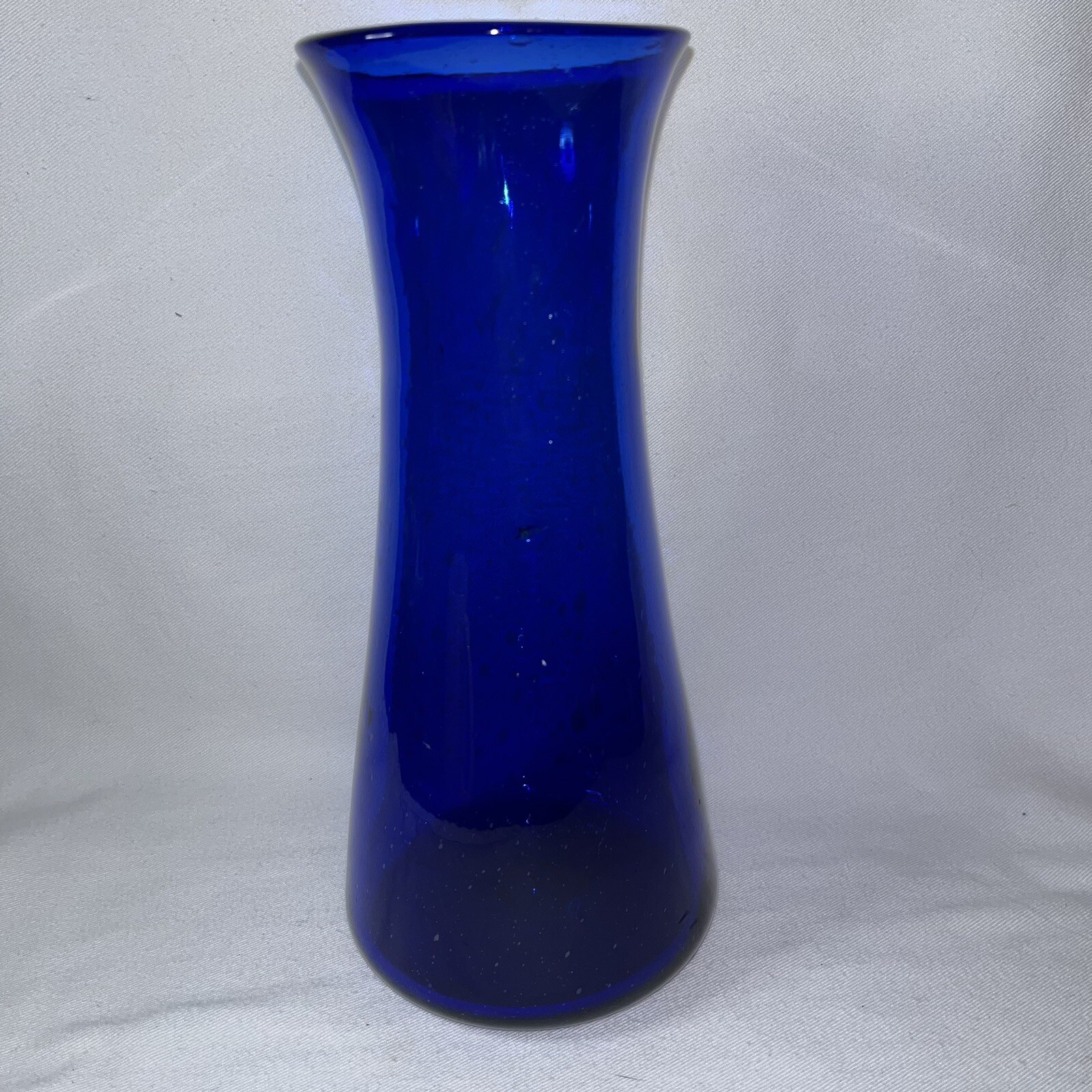 Art Glass Cobalt Blue Hand Blown 10” Vase Bubbles Flaws – See Photos