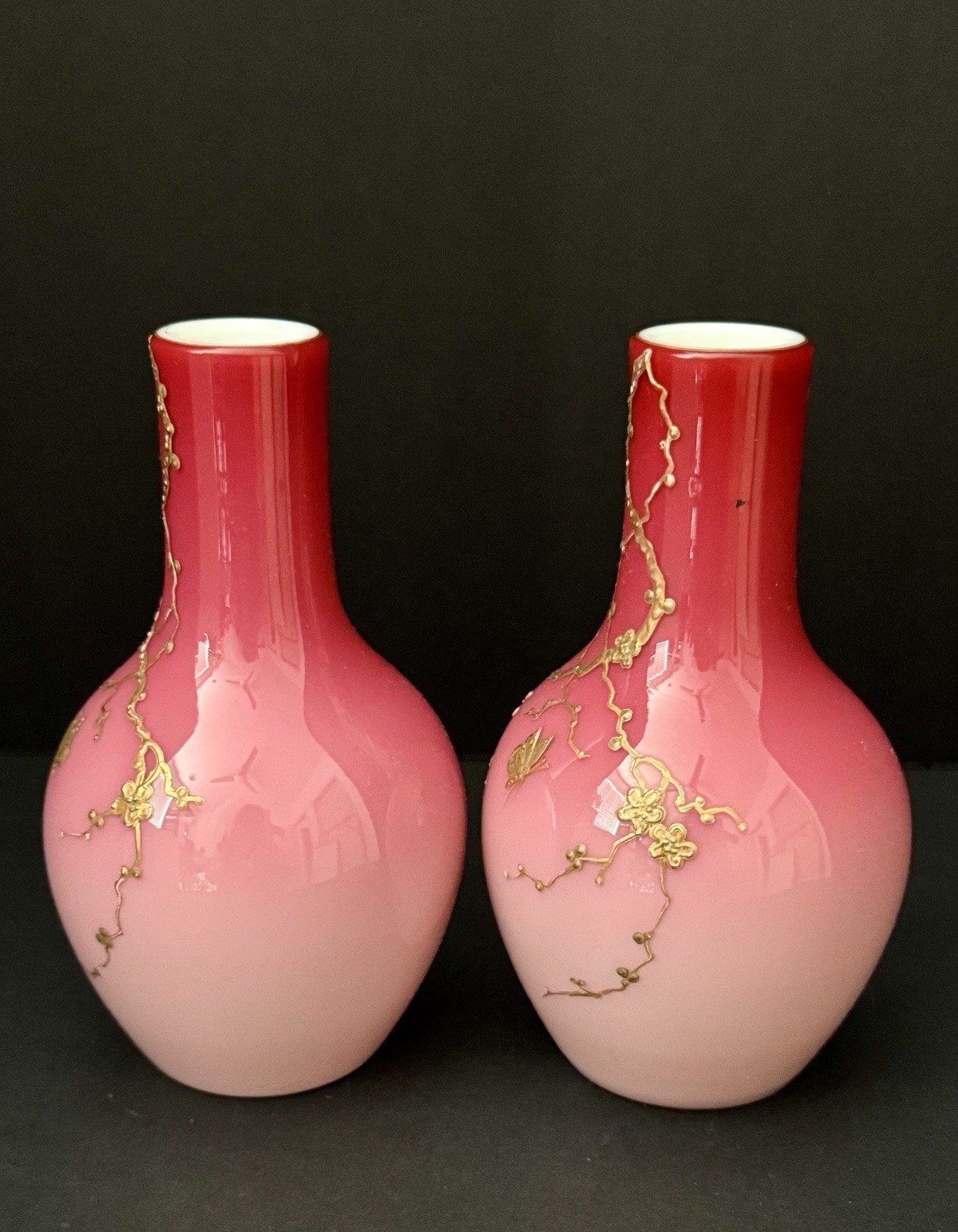 Pair Thomas Webb Peachblow Art Glass Rare Companion Vases Gilt Butterfly Nouveau