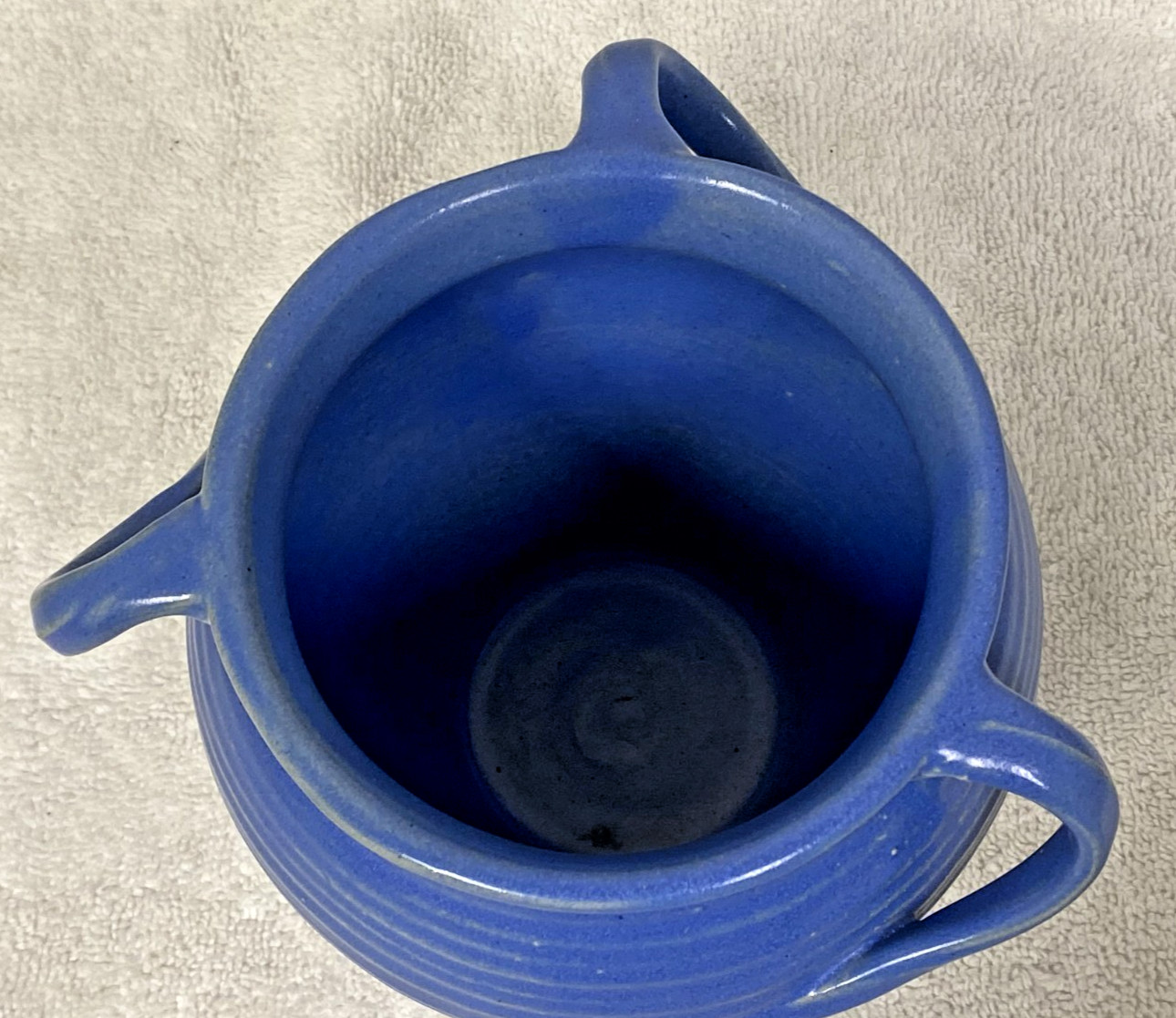 Vintage Arts Crafts Style Pottery Blue Matte Glaze 3 Twist Handles Ribbed Vase