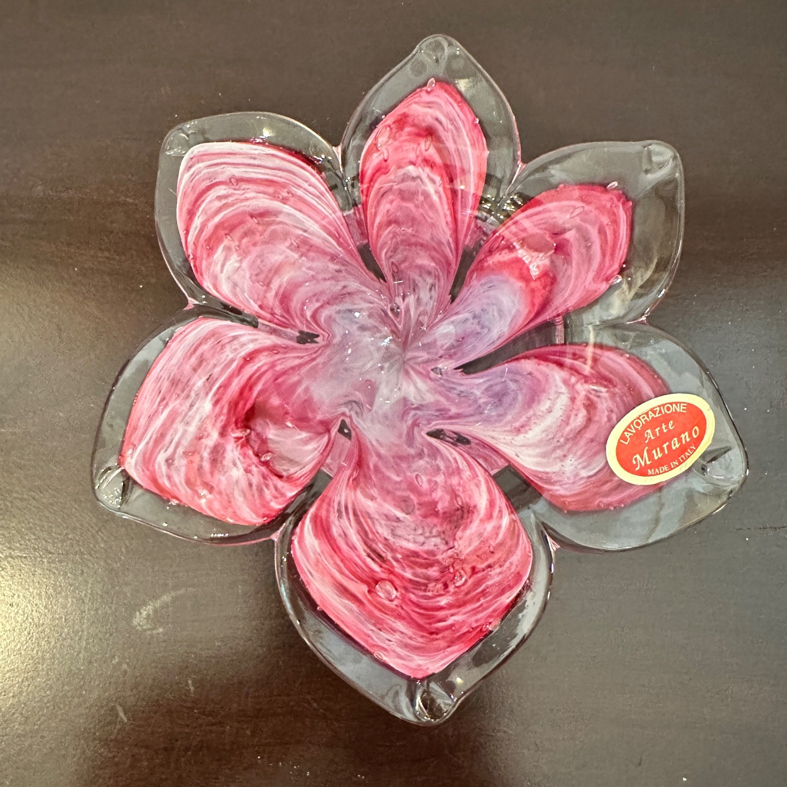 Murano Pink & Clear Flower Petals Murano Glass Crystal Clear Candle Holder Italy
