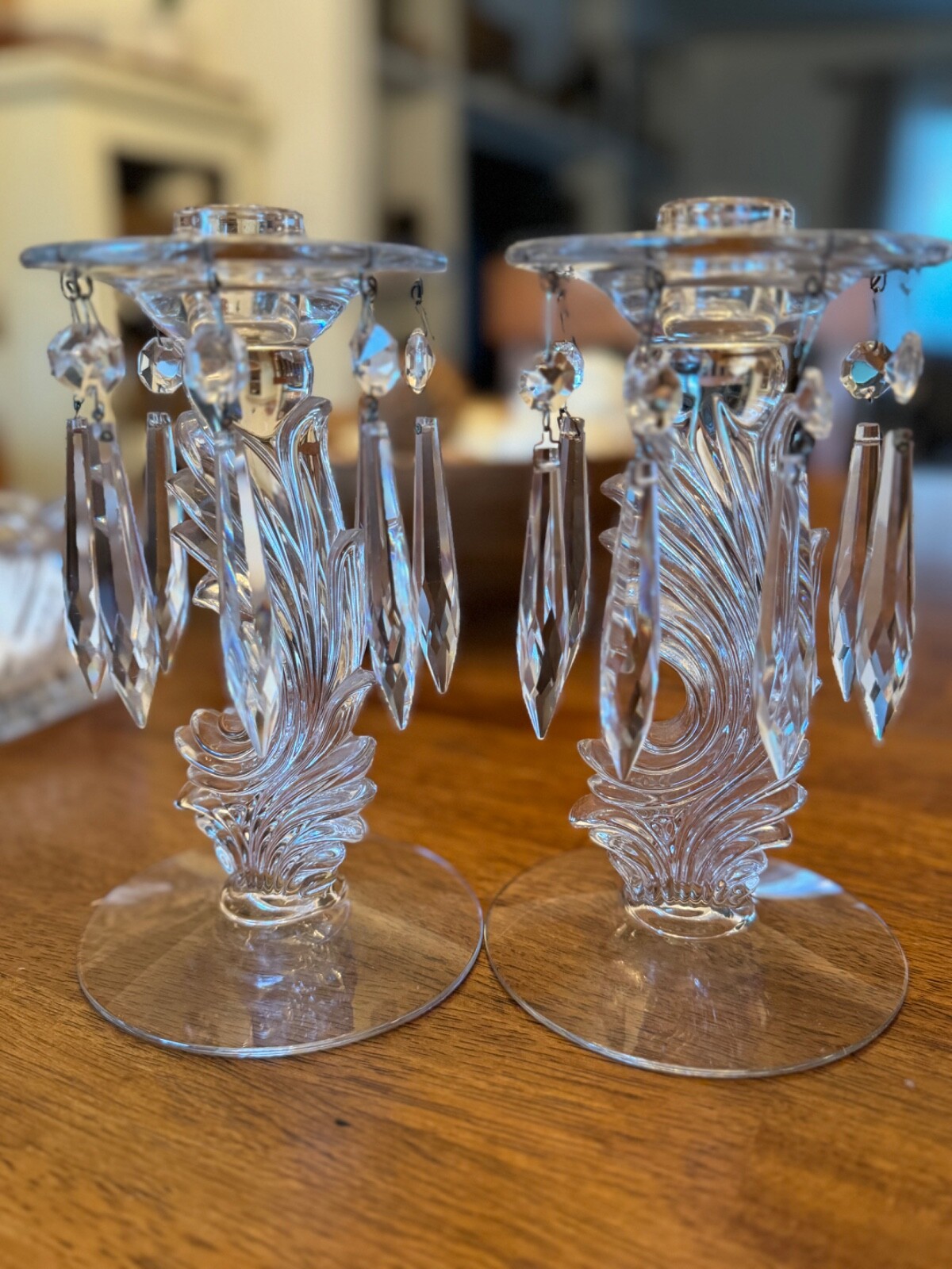 2 Vtg taper Candle Holder Crystal Lusters Fostoria Baroque hollywood regency