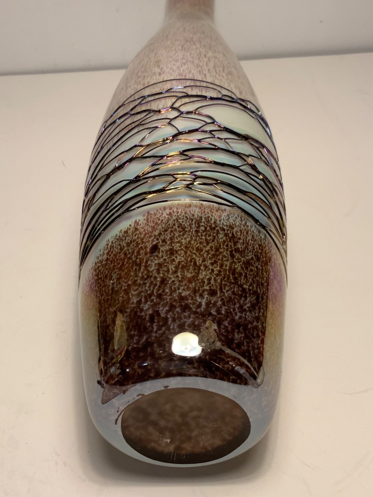 Vintage Pink & White Iridescent Cased Glass Vase 15.75 in.