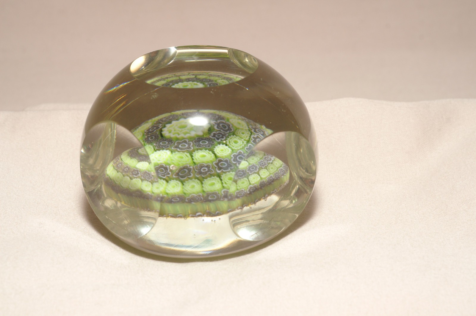 Murano Faceted Glass Millefiori Paperweight Green and Black Canes