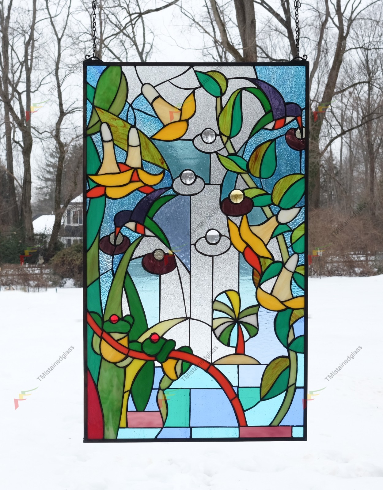 20″ x 34″ stained glass window panel morning glory flower frog hummingbird pond