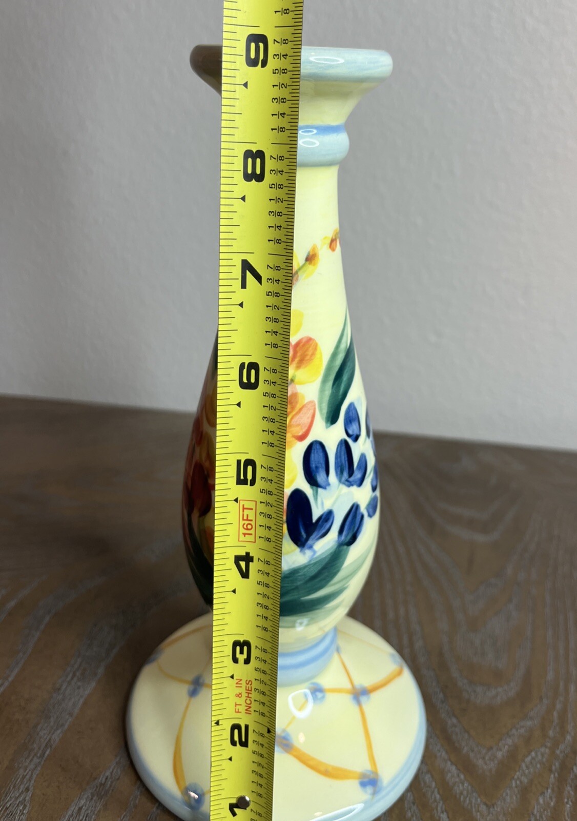Vintage 1999 Gail Pittman 9” Hand Painted Ceramic Candlestick Holder