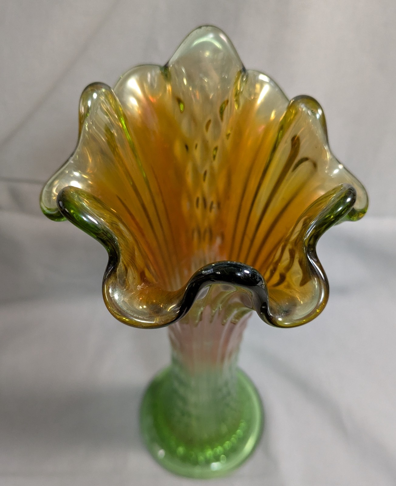 Vtg Fenton Diamond Point Column Carnival Glass 12” Swung Vase Orange to Green