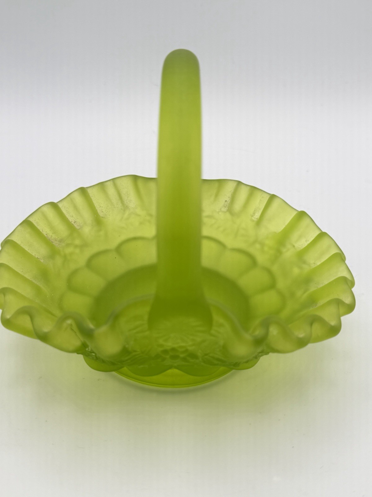 Westmoreland Frosted Green Glass Basket Handle Ruffled Rim Vintage Candy Dish