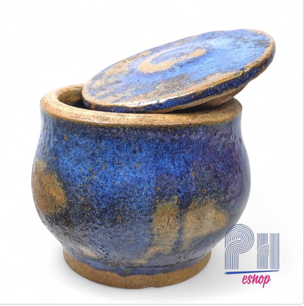 Studio Art Pottery Lidded Jar Blue Abstract Glazed Signed 4.25” x 4.5” Handmade