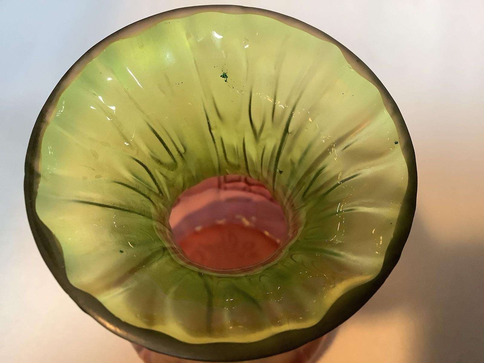Antique Kralik Rubina Honeycomb Panel Iridescent Vase Green & Pink 5 1/4 Inch