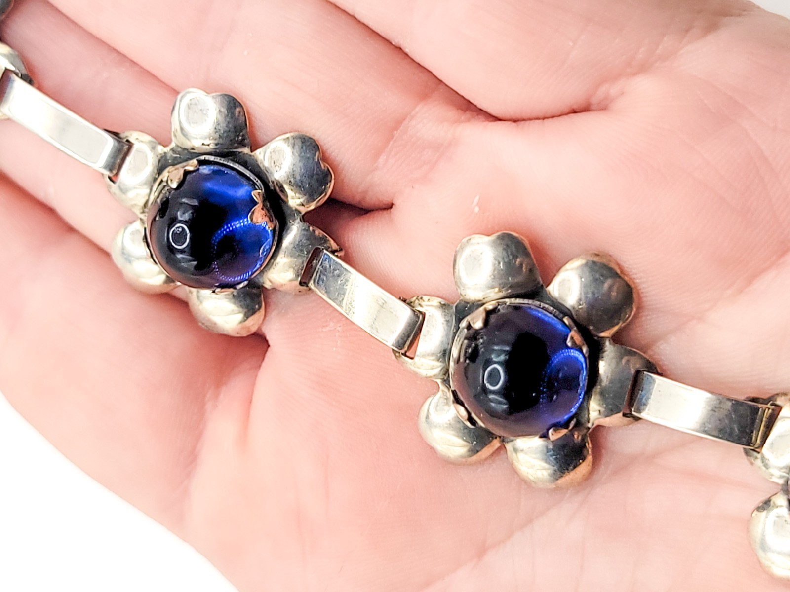 Vintage Sterling Blue Uranium Glass Bracelet Rare Sapphire Blue 1960s Flower 925