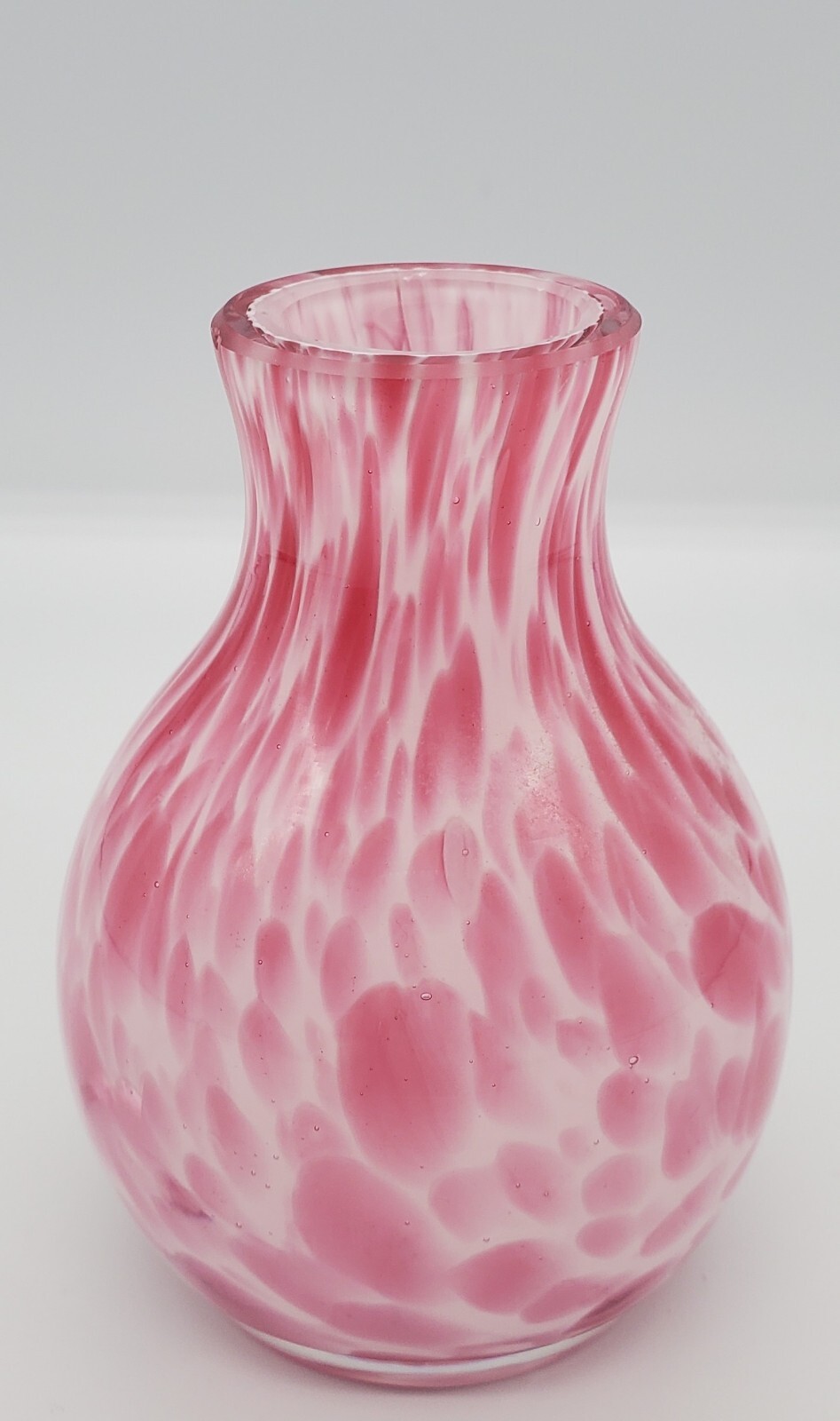 Vintage Art Glass Pink Marble Spatter Cased Glass Vase, 3.75″ Tall