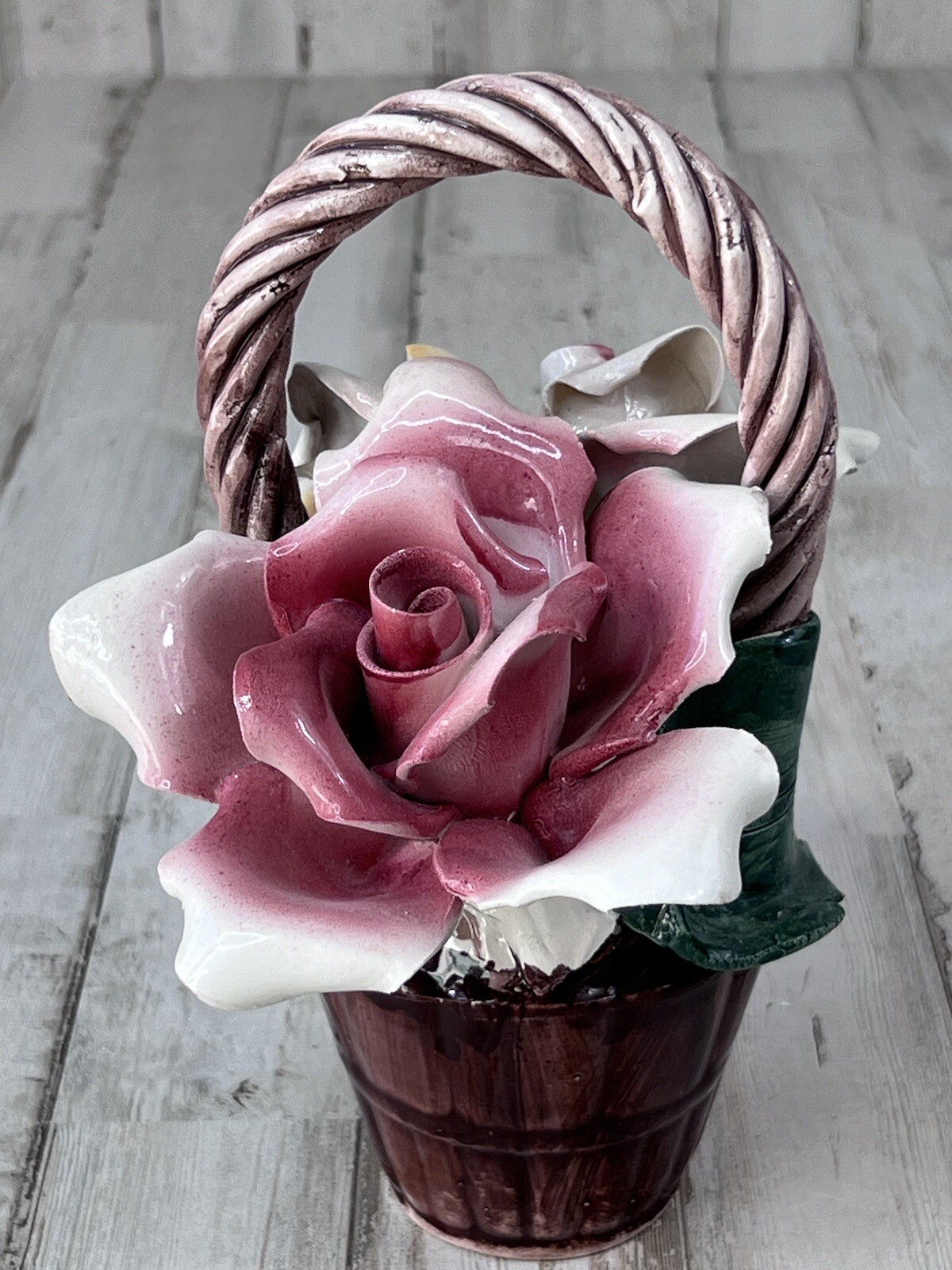 Vintage Capodimonte Flowers In Basket Pale Pink and Yellow