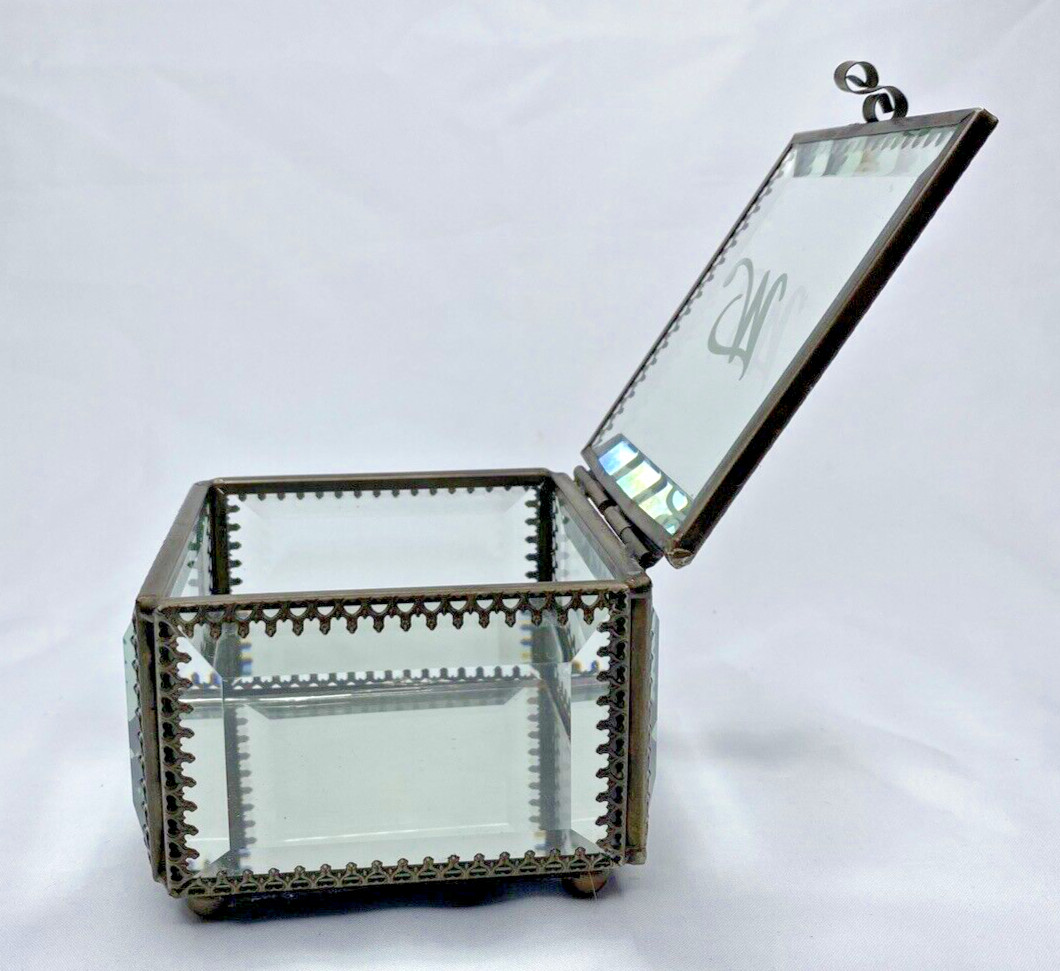 Nicole Miller Antiqued Brass Ormolu Beveled Glass Footed Jewelry Box