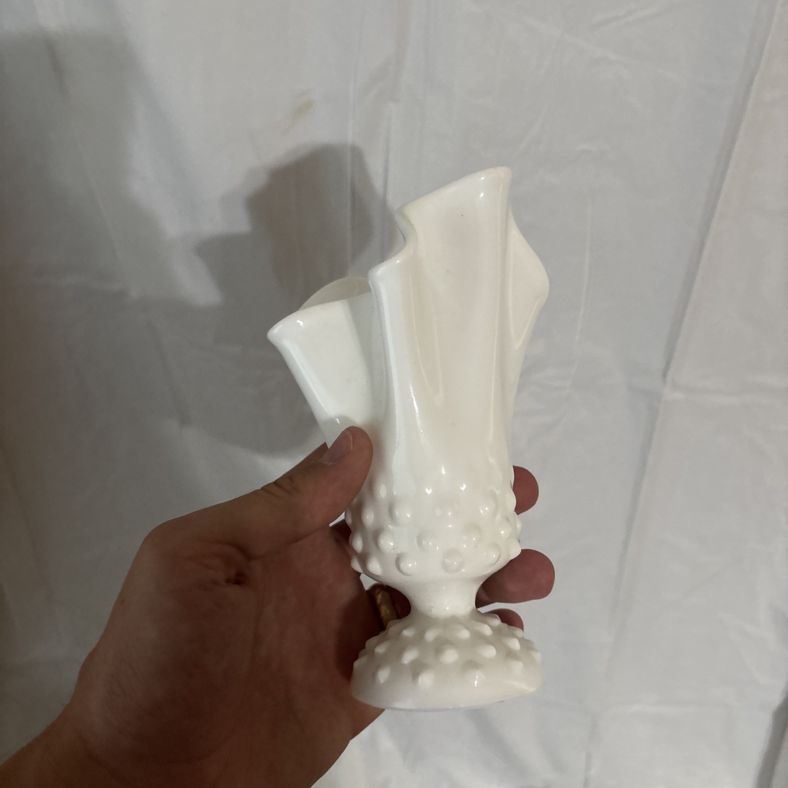 Vintage Fenton White Milk Glass Handkerchief Hobnail Pedestal Vase