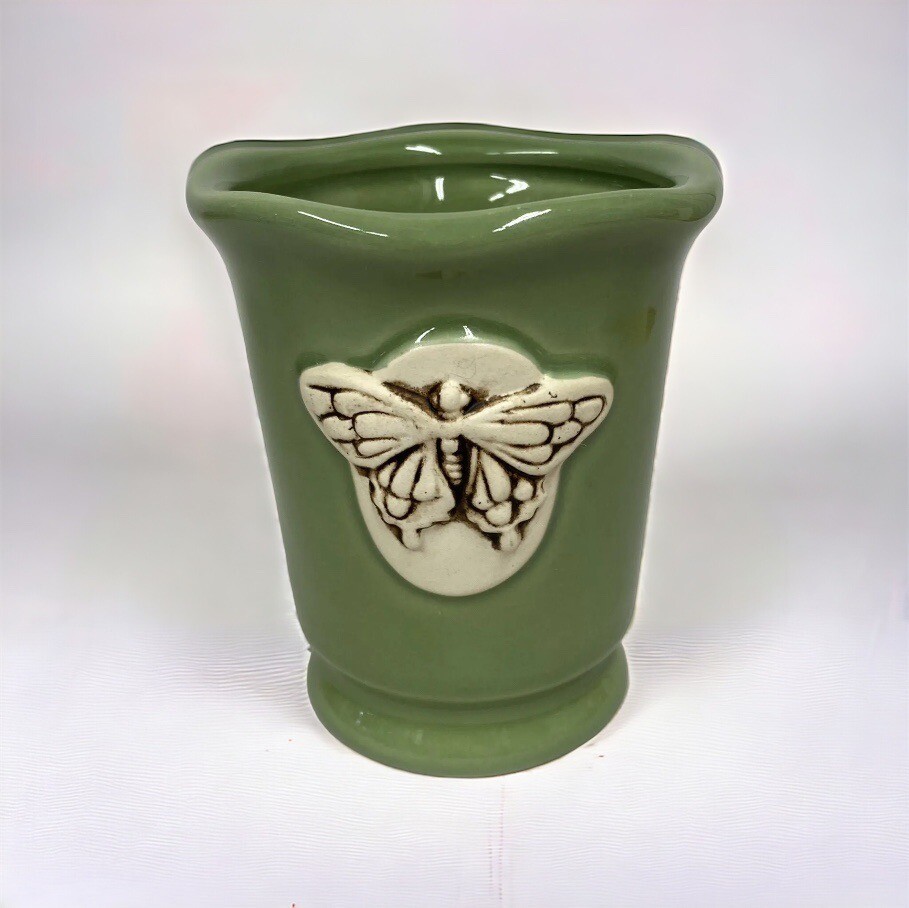 Green Moth Vessel Vase Planter Embossed Butterfly Ceramic Toothbrush Pen Holder