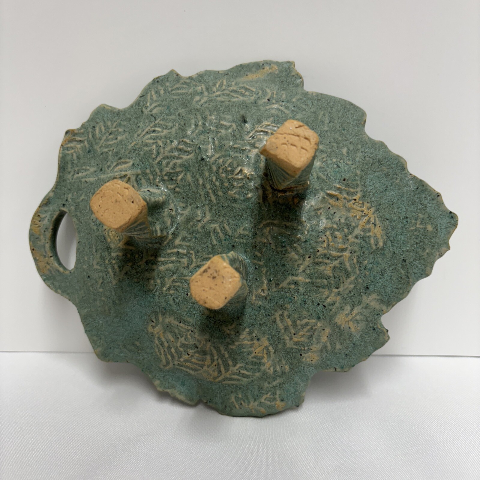 Studio Art Pottery Clay Leaf Shaped Footed Dish Candle Holder Green Color Rustic
