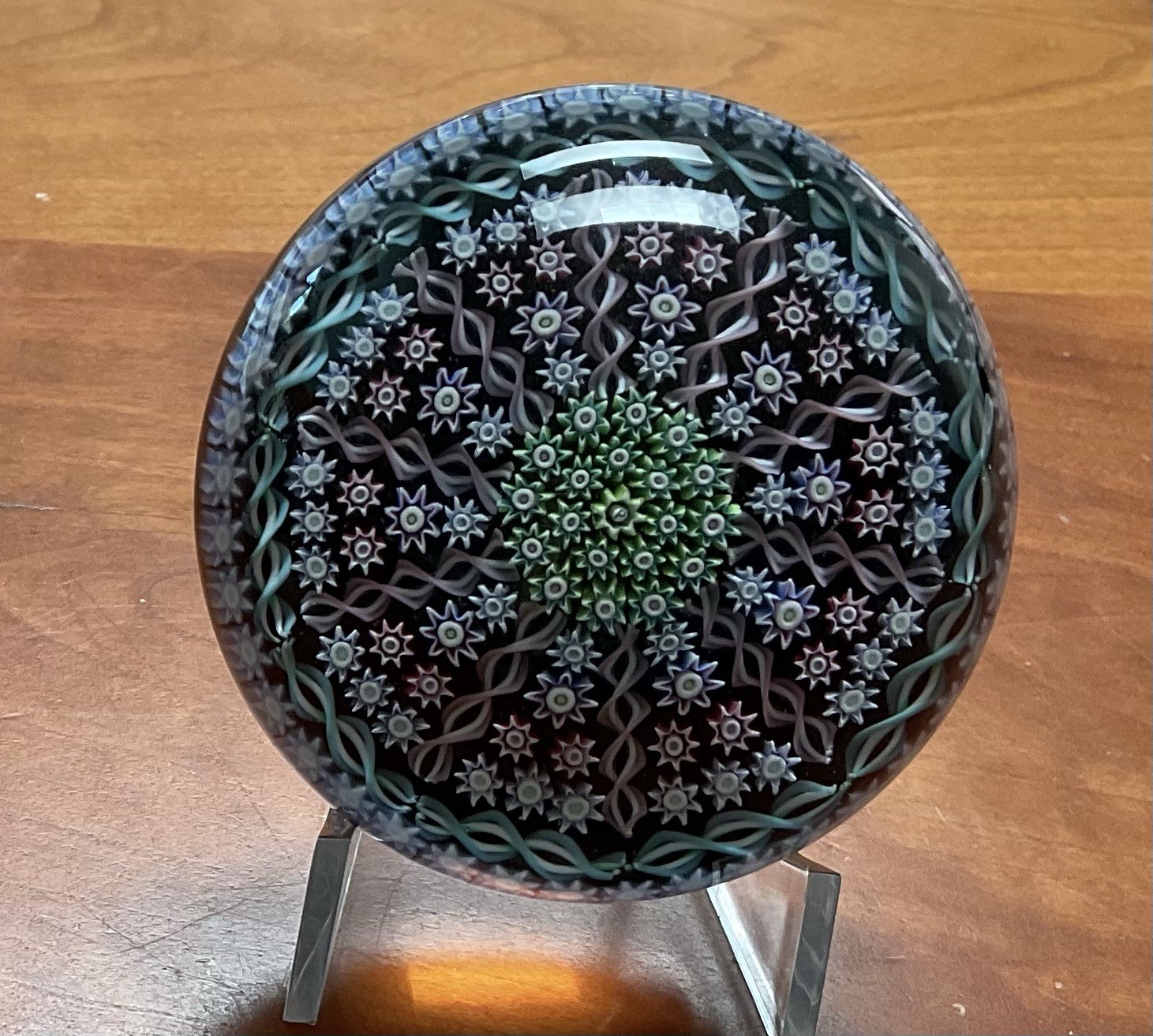 Vtg Perthshire Black w/ Pink Purple ThreeMillefiori Twisted Spoke Paperweight
