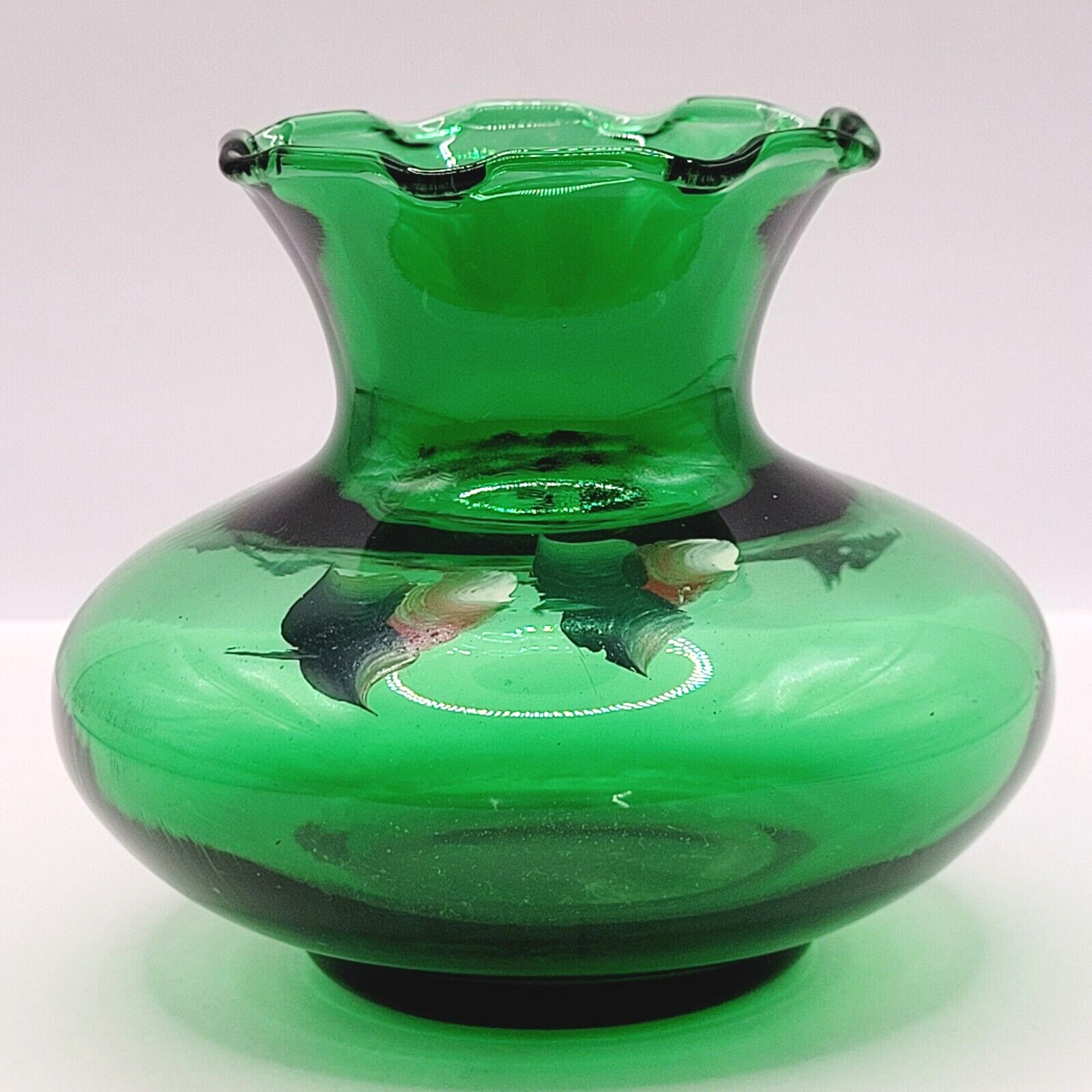 Crimp Ruffle Rim Bud Vase Hand Painted Roses Forest Green Glass Anchor Hocking
