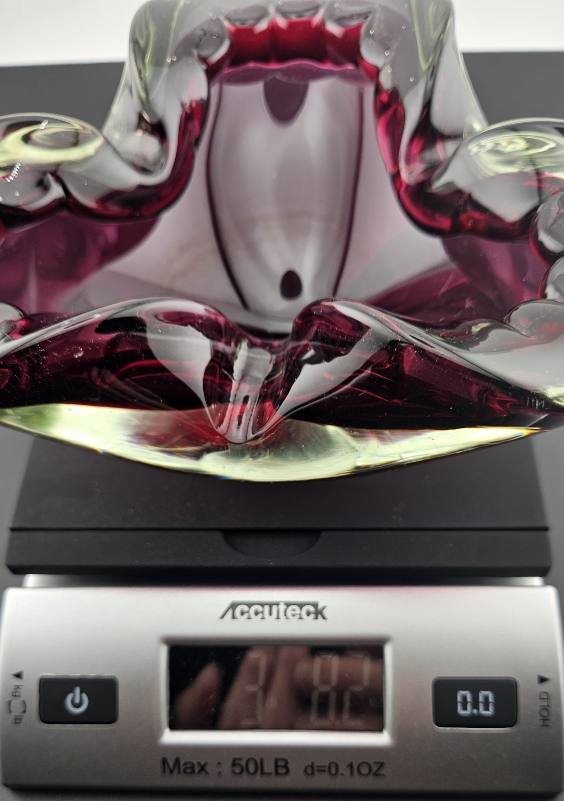 Stunning 7″ Burgundy Ribbed Edge Vintage Murano Art Glass Folded Edging. Loved