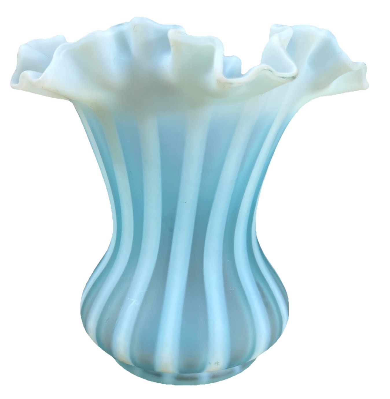 Fenton 1950’s Blue Opalescent Satin Rib Optic Striped Ruffle Rim Glass Vase