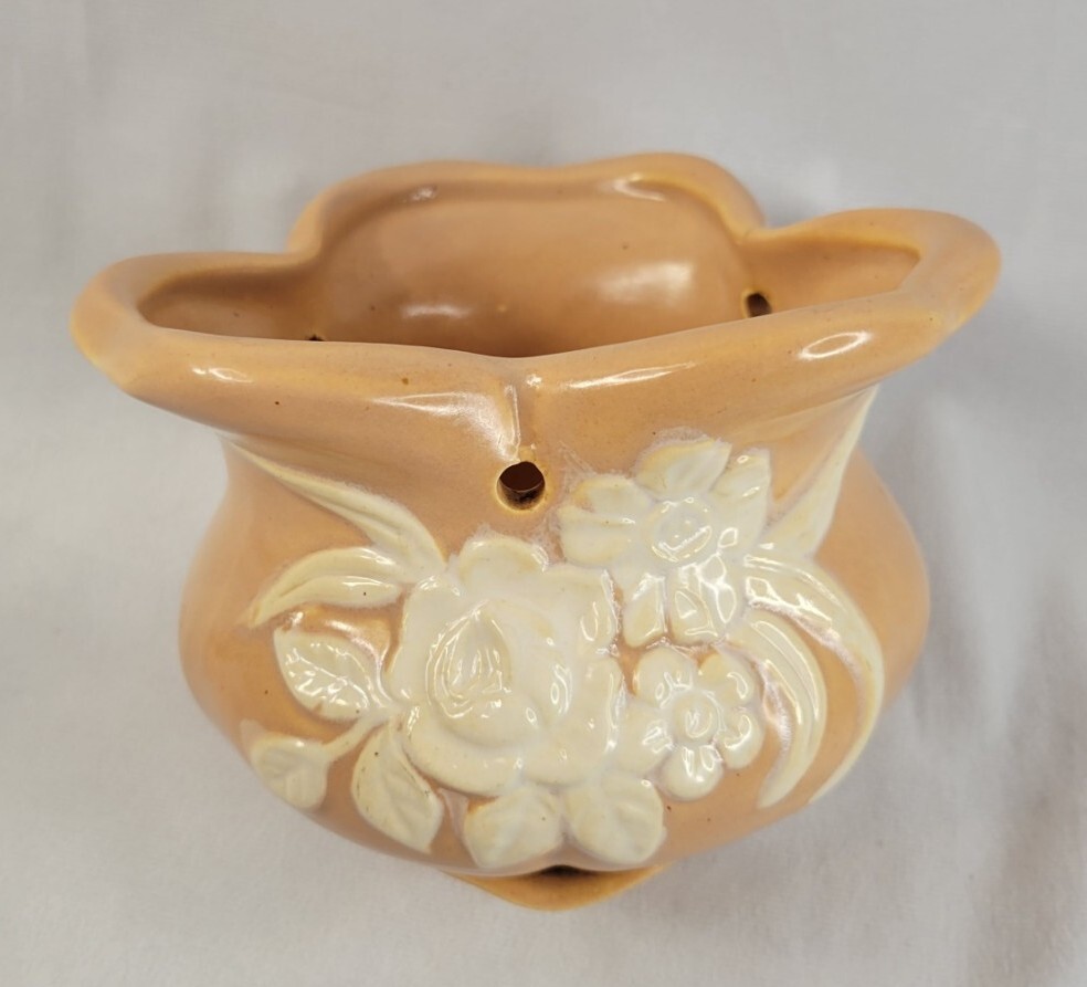 Vintage WELLER POTTERY Peach & White HANGING PLANTER BASKET With Drainage.