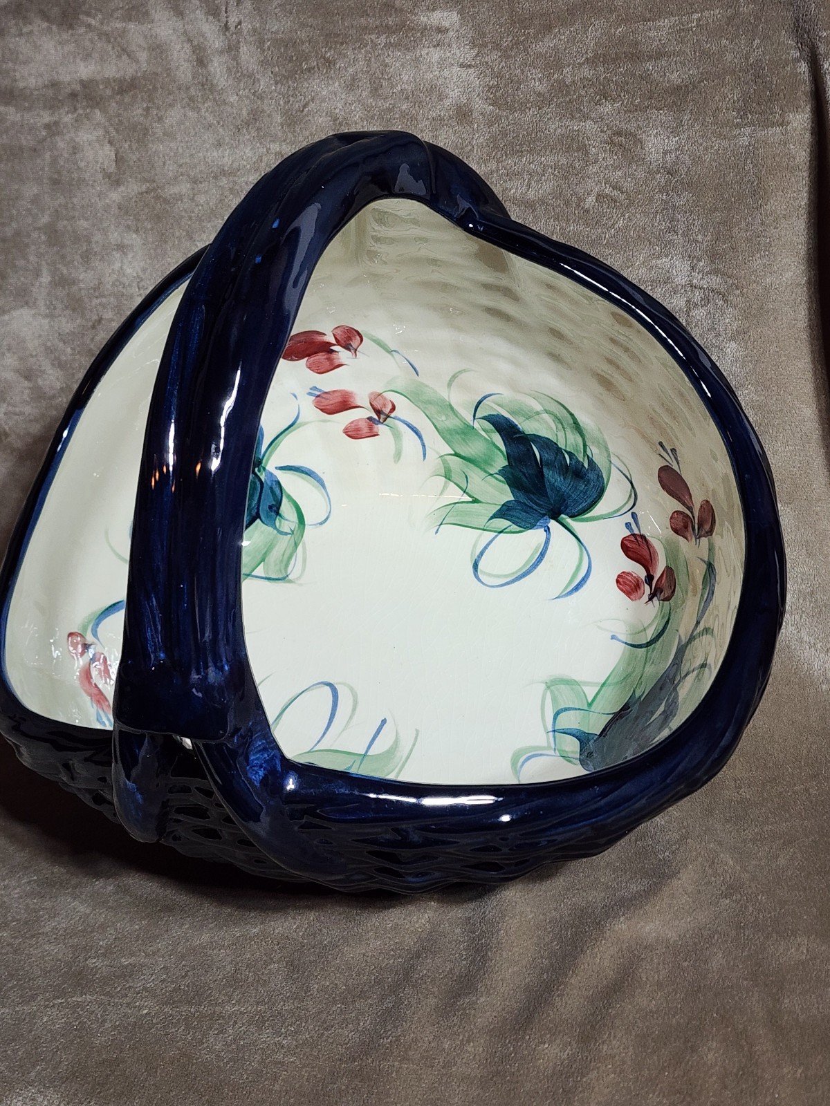 Vintage Gail Pittman Ceramic Pottery Basket Signed – Grapevine Blue Green Patter