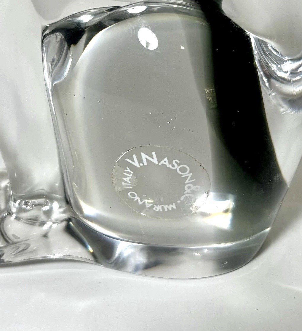 Murano Glass Cat Figurine/Paperweight Clear Black Sommerso Swirl V Nason MCM