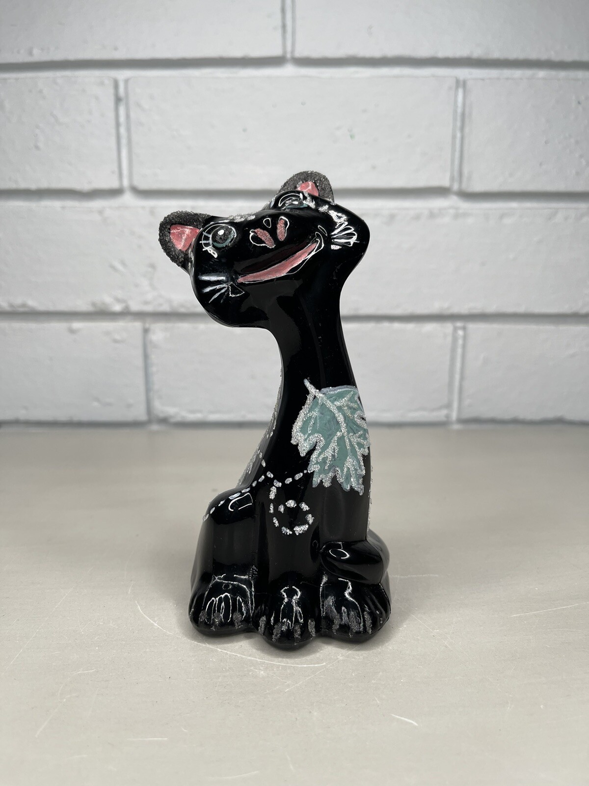 Fenton FAGCA Glass Black Happy Cat Fall Autumn Leaf Hand Painted Marilyn Wagner