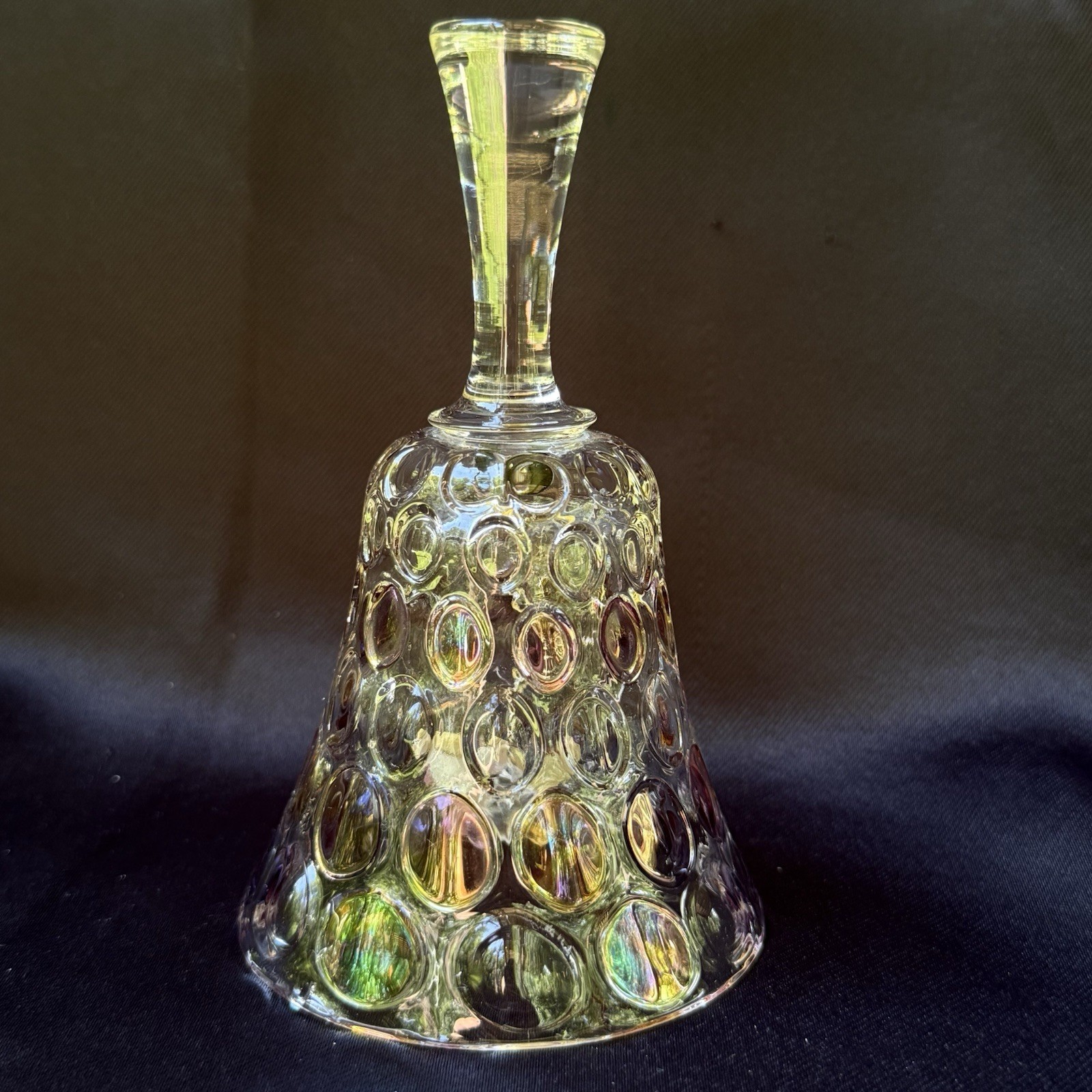 BOHEMIA Glass Bell Czech Republic Iridescent Coin Dot Crystal Hand Bell 5.5in