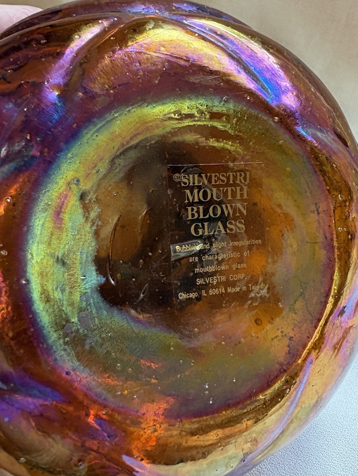 Silvestri Brutalist Caged Glass Vase Iridescent Base Hand Blown Metal Collar MCM