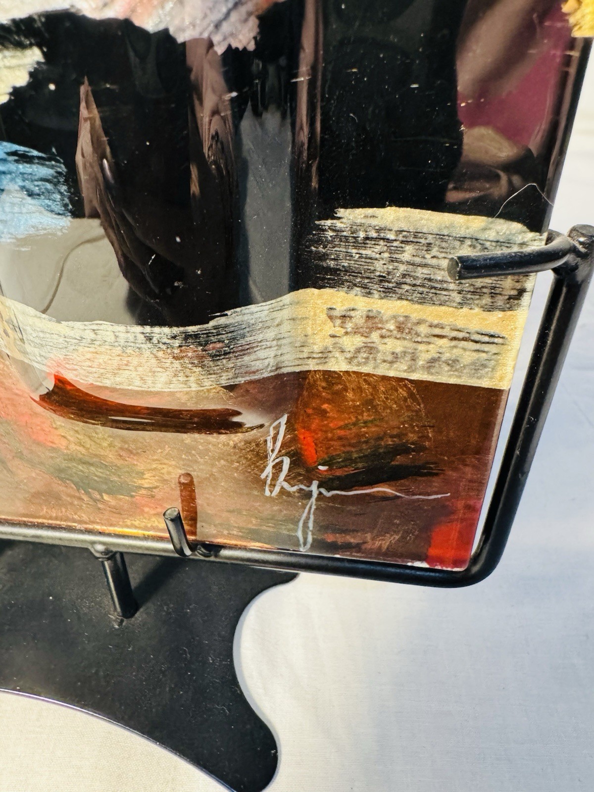 Abstract Art Glass Vase Multi Color Metal Stand Signed