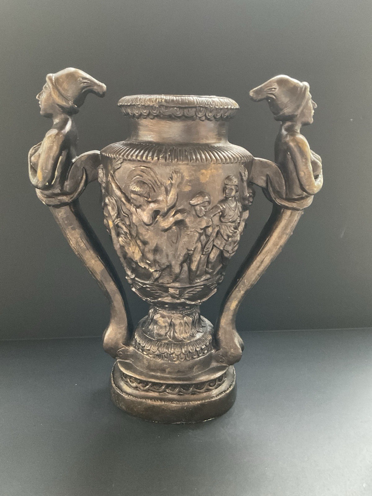 Bronze LOOK Vase with People Mermaid Jester Handles – 14 Inches Tall X 12 Wide