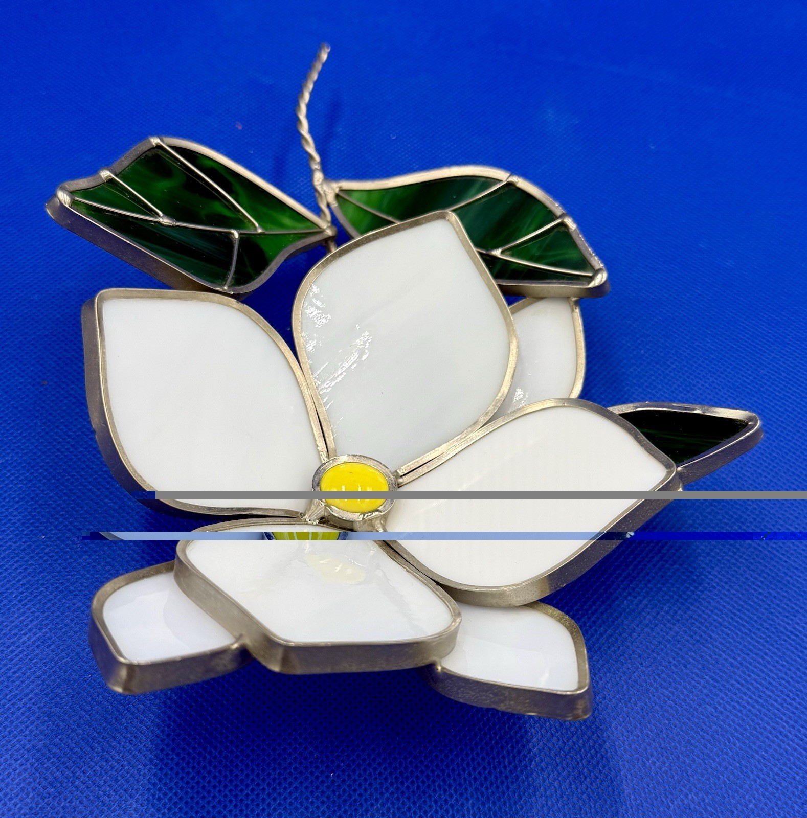 Vintage Stained Glass White & Green Flower Sun Catcher Layered Freestanding 9”