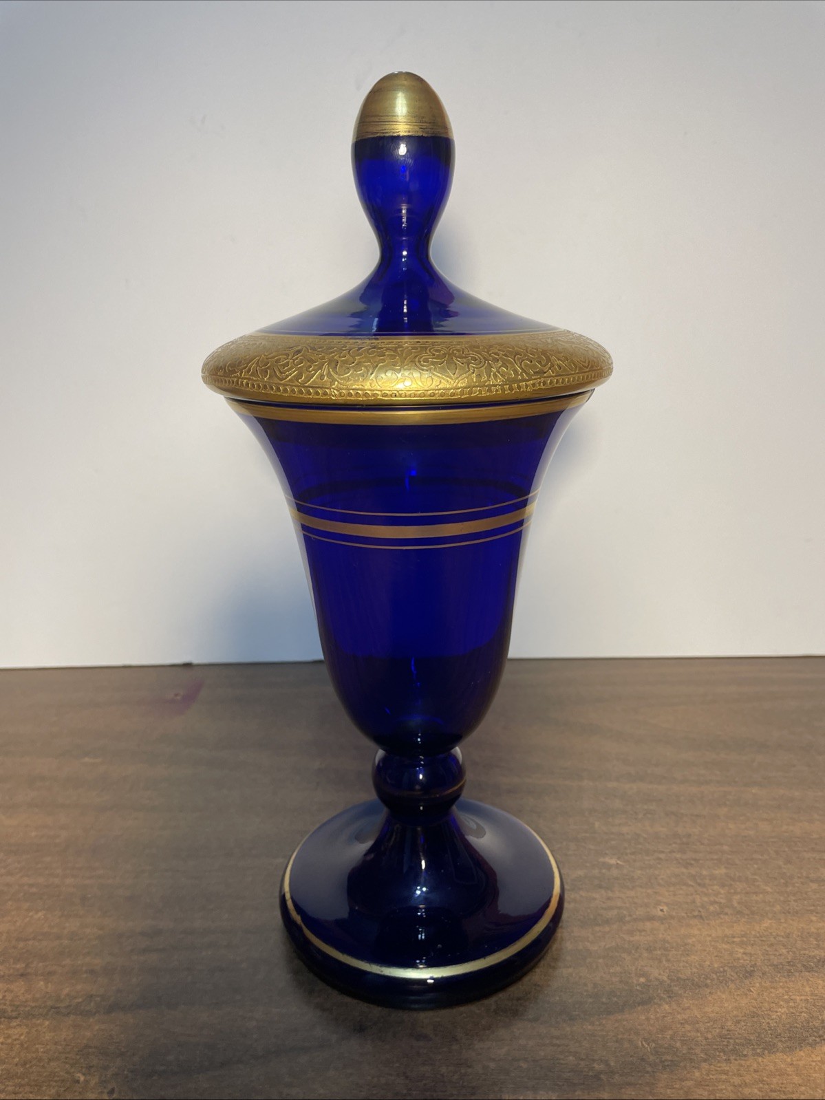Vintage Cobalt Blue Glass Decorative Jar With Lid Gold Trim Marked Germany