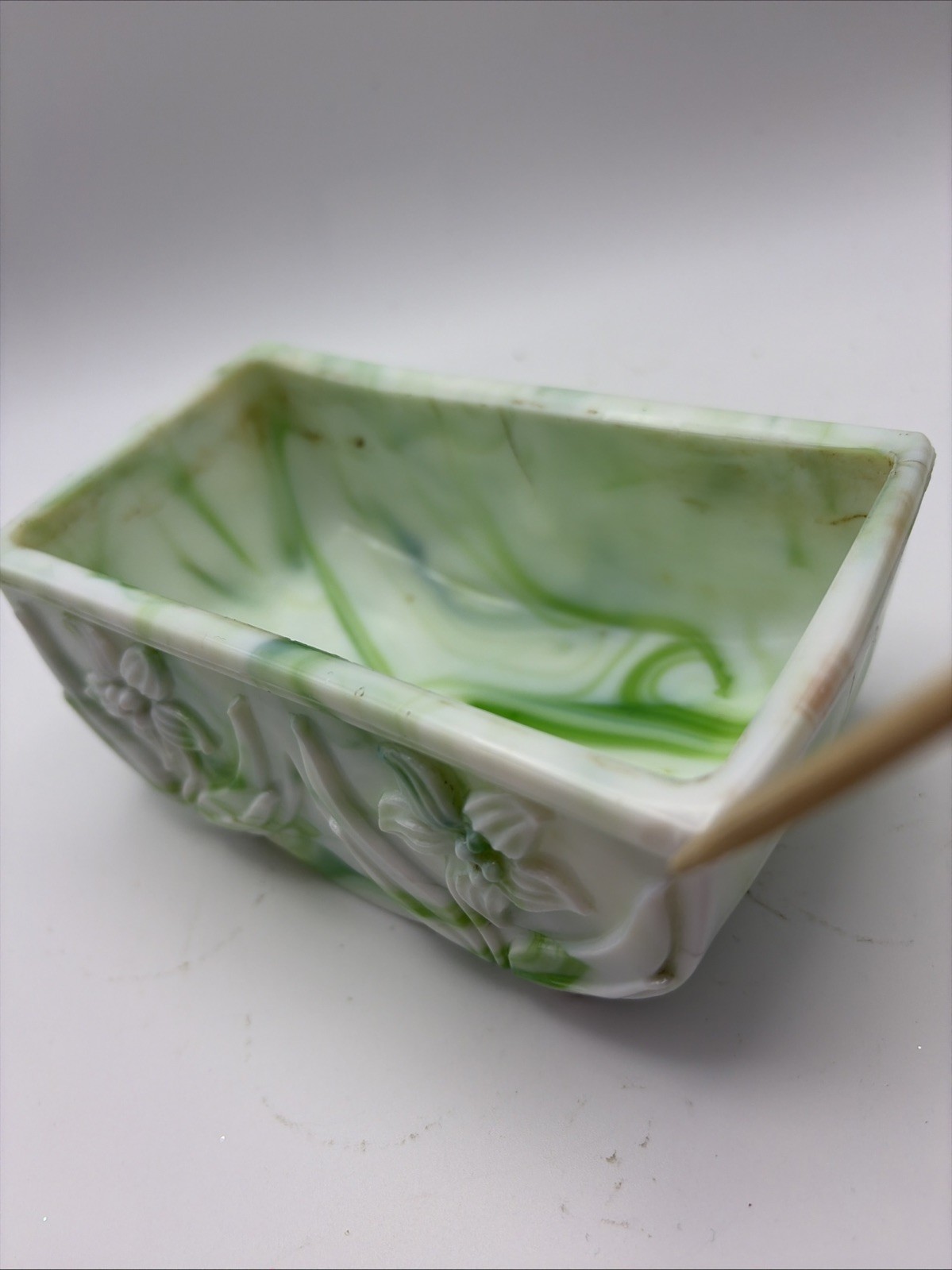 Vintage Akro Agate Slag Green Swirl Glass Planter