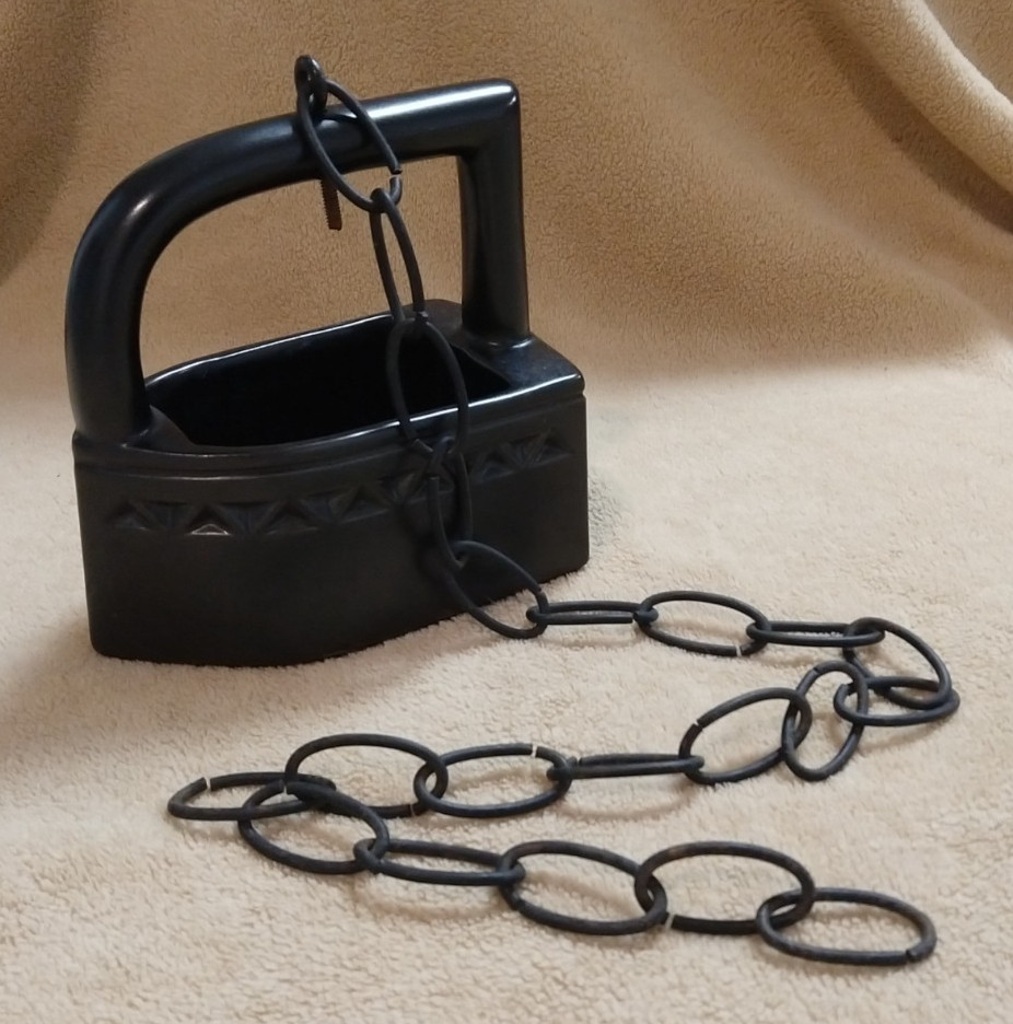 Vintage McCoy Black Iron Shaped Ceramic Planter w/ chain # 746, 6.5″ x 4″ x 6″